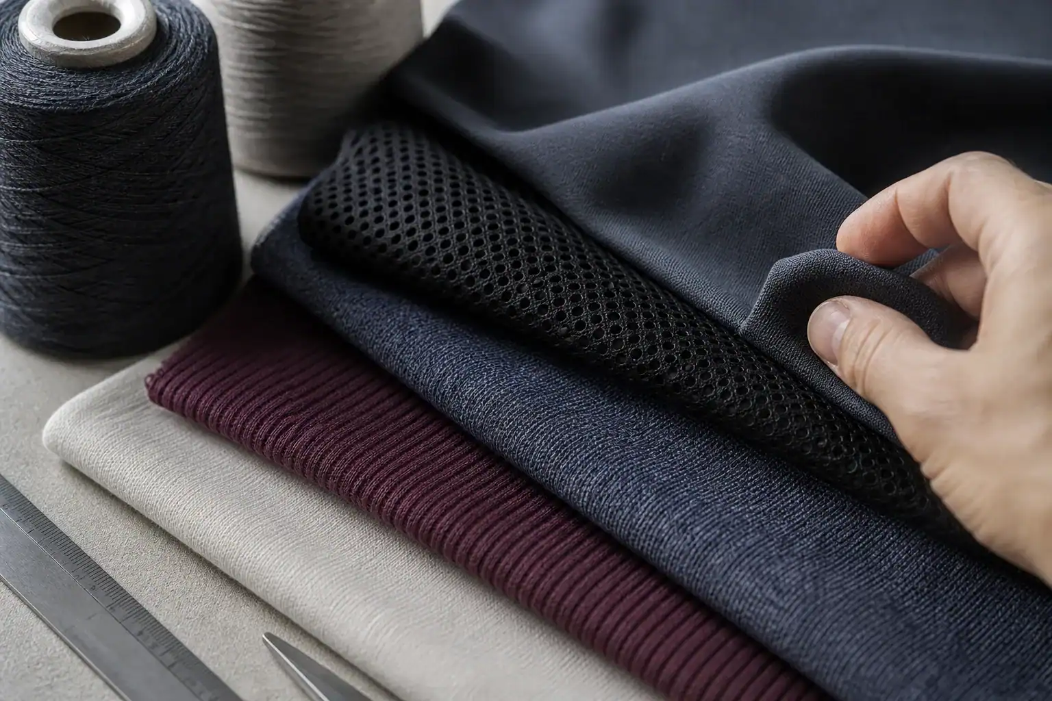 Chinese sportswear fabric swatches showing nylon elastane, polyester mesh, jersey, rib and interlock structures