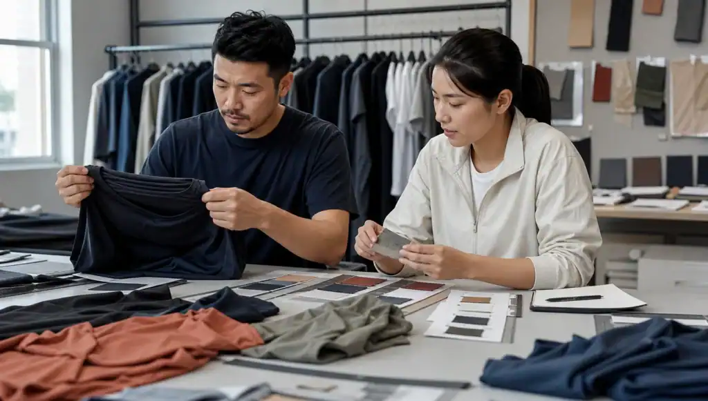 Design team reviewing fabric samples and clothing designs at DETOSUN.