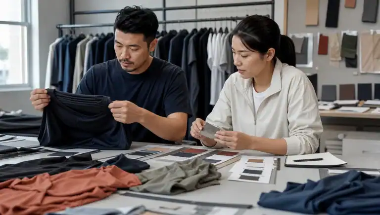 Design team reviewing fabric samples and clothing designs at DETOSUN.
