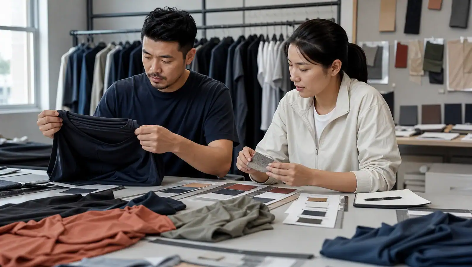 Design team reviewing fabric samples and clothing designs at DETOSUN.