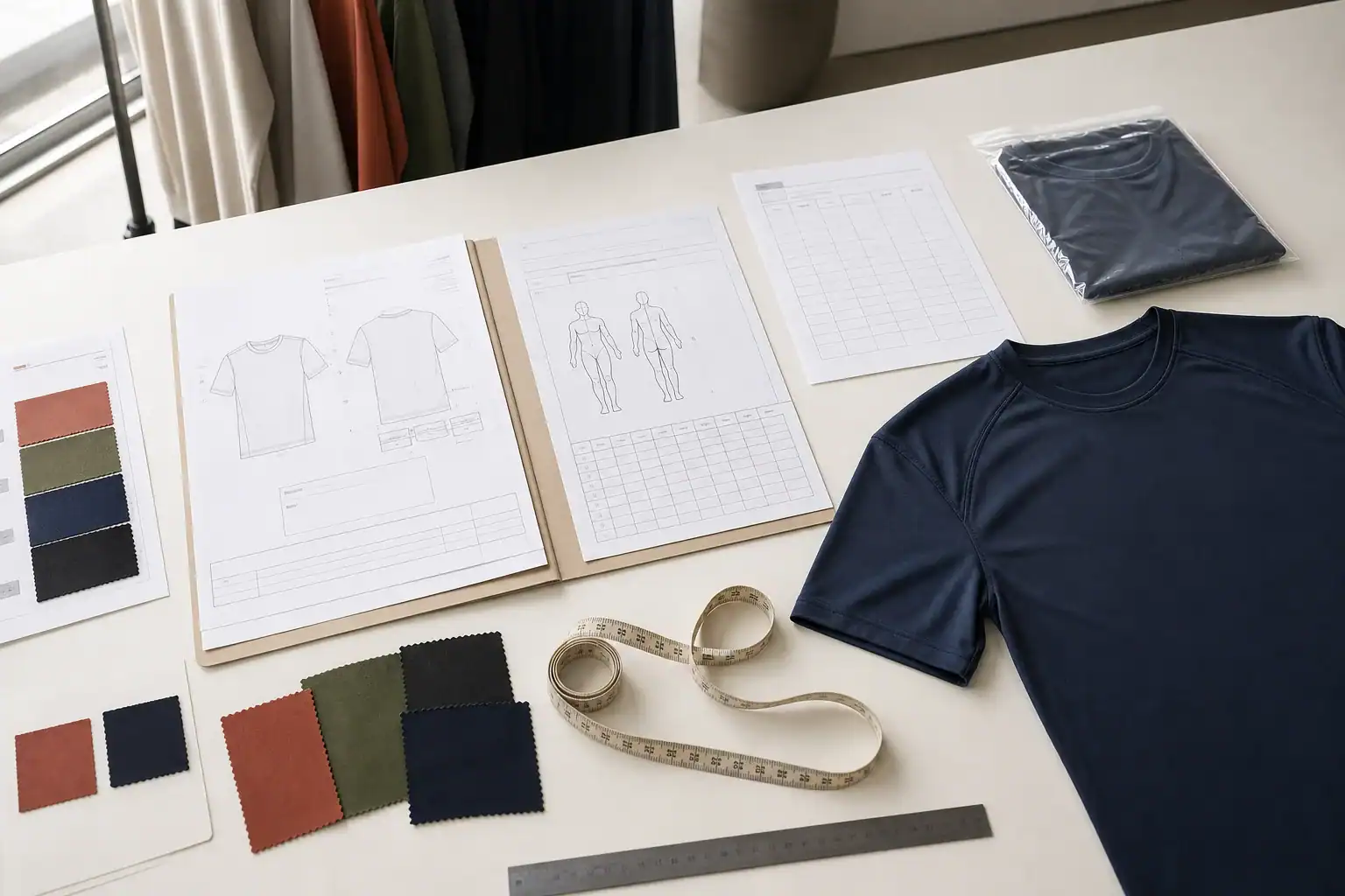Clothing design sketches, fabric swatches, and measuring tape for custom apparel.