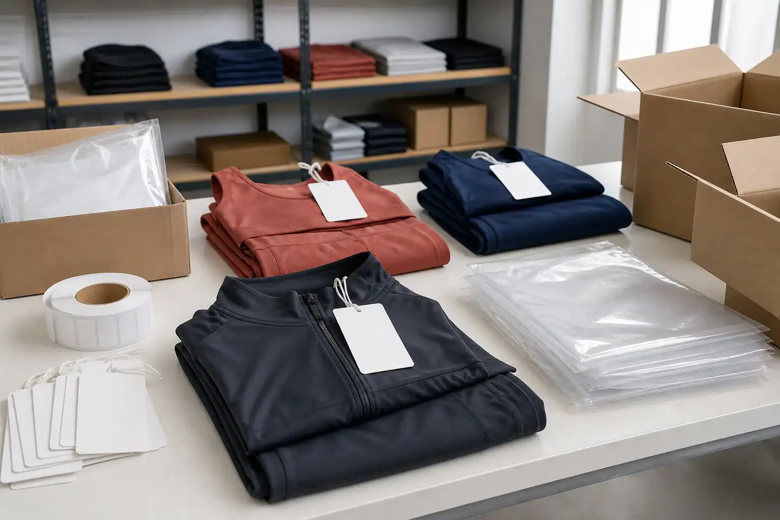 Folded custom clothing in a manufacturing workspace with packaging supplies.