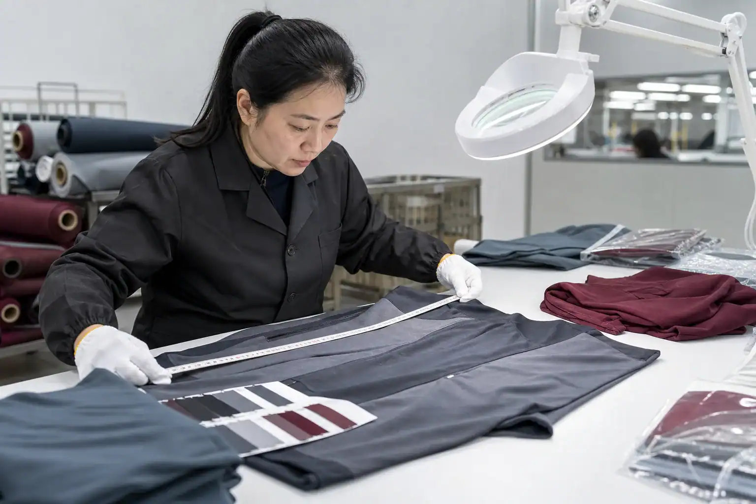 Fashion designer measuring fabric for custom activewear production.