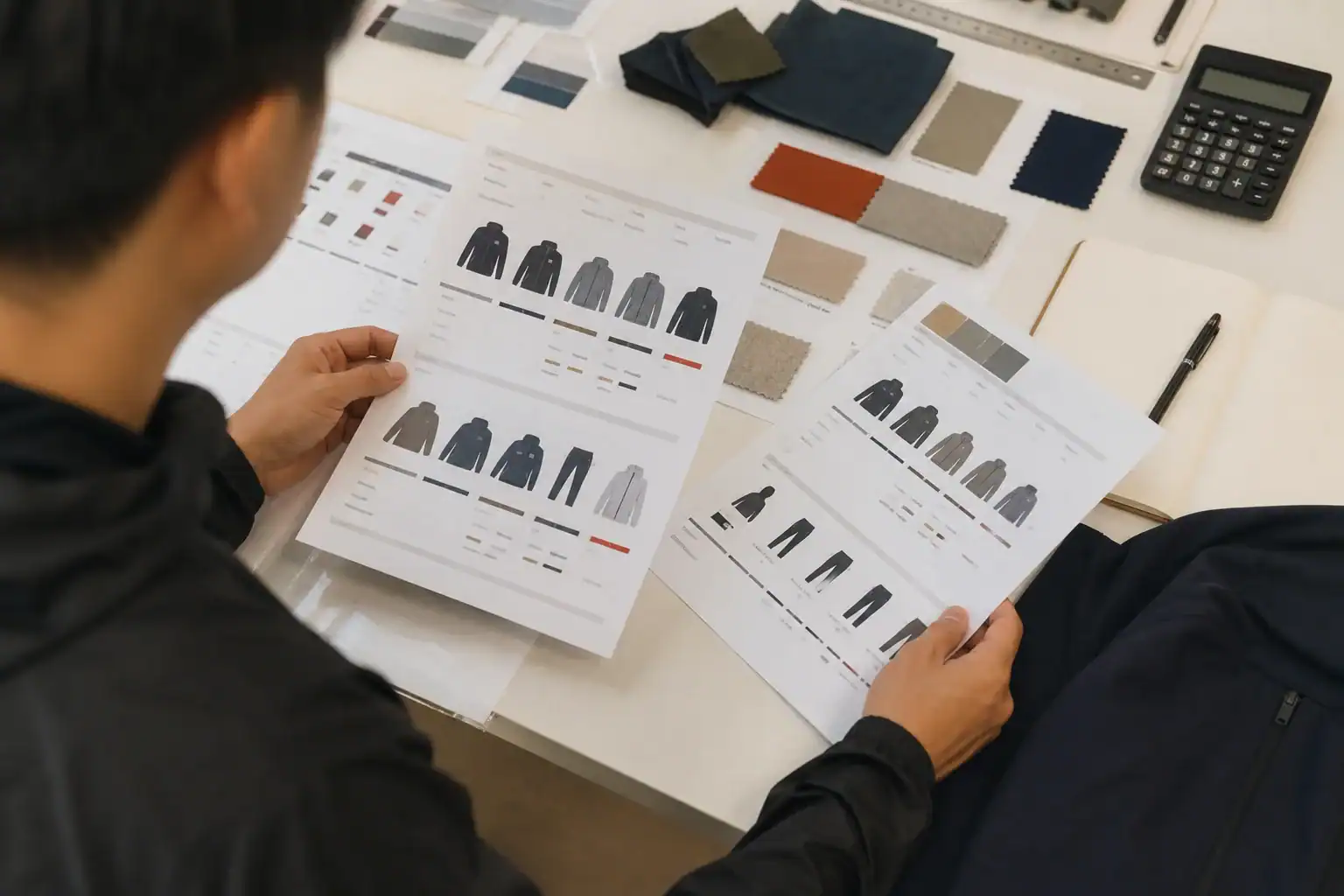 Design team reviewing clothing samples and fabric swatches for custom apparel.