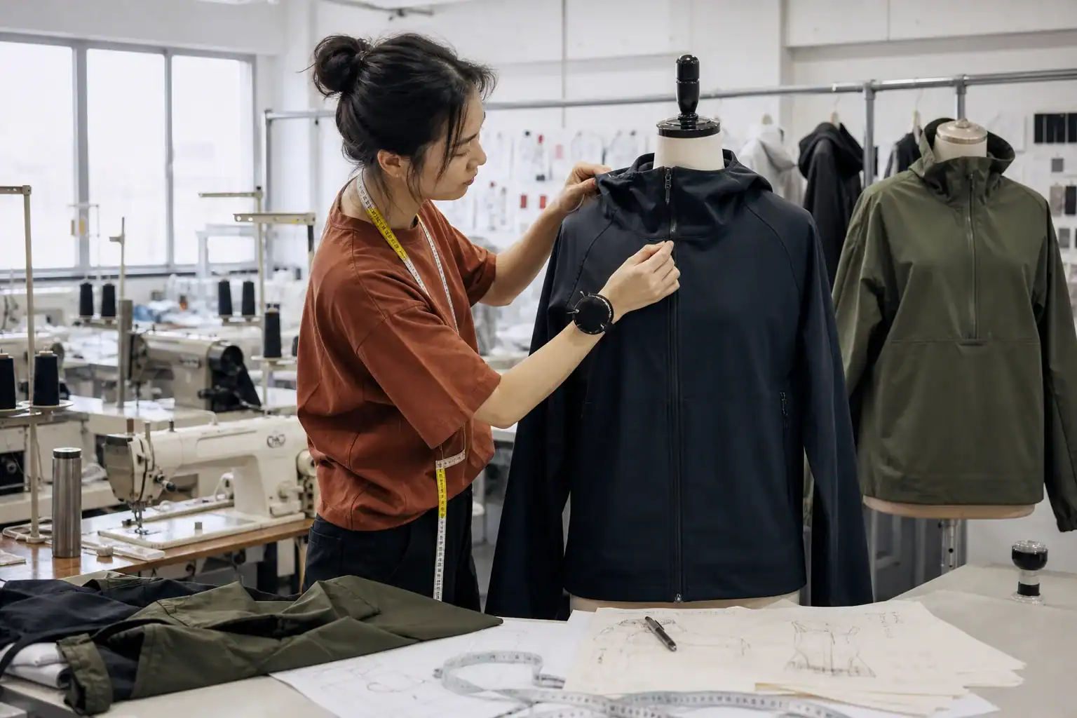 Fashion designer working on custom jacket in apparel manufacturing studio.