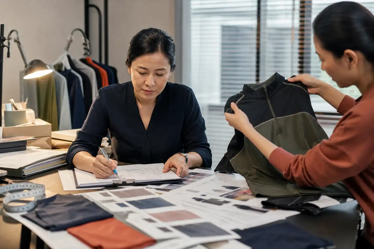 Fashion designers collaborating on custom clothing at DETOSUN.