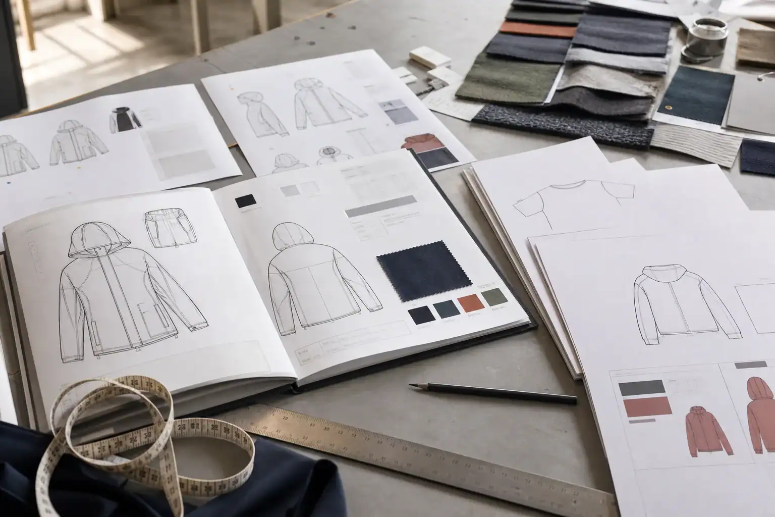 Chinese sportswear tech pack desk with garment sketches, measurement points, fabric swatches and artwork files