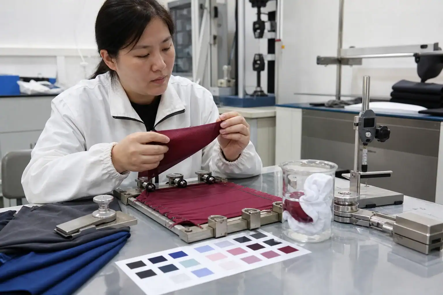 Fashion designer inspecting fabric sample in clothing production facility.