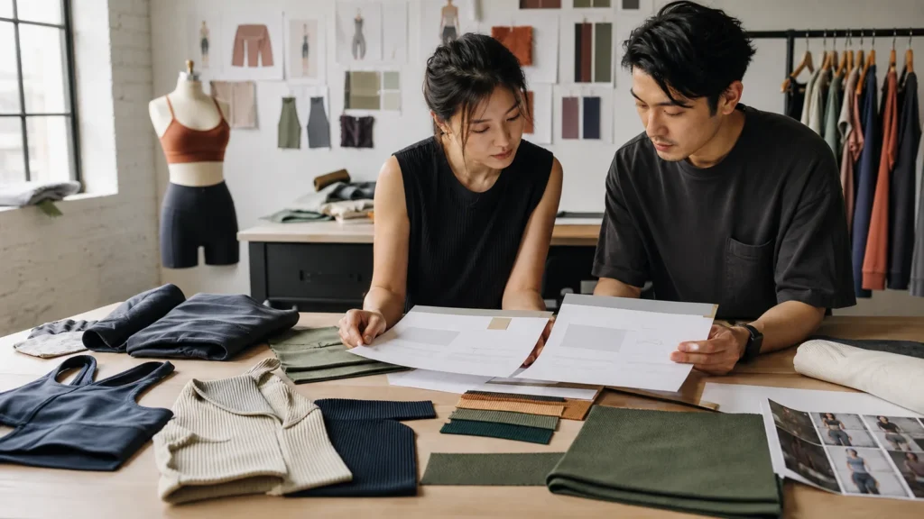 Apparel founder and product developer reviewing a clothing line business plan beside activewear samples
