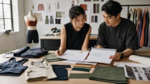 Apparel founder and product developer reviewing a clothing line business plan beside activewear samples