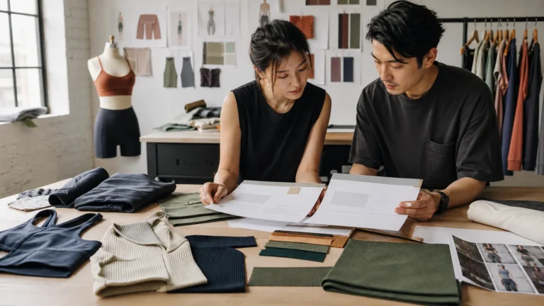 Apparel founder and product developer reviewing a clothing line business plan beside activewear samples