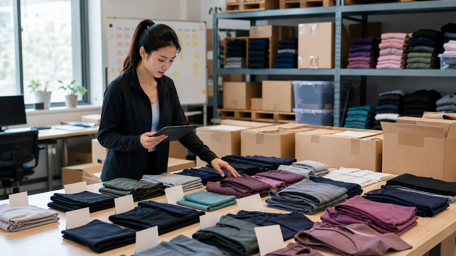 Clothing line inventory board showing SKU quantities, color sizes and reorder planning