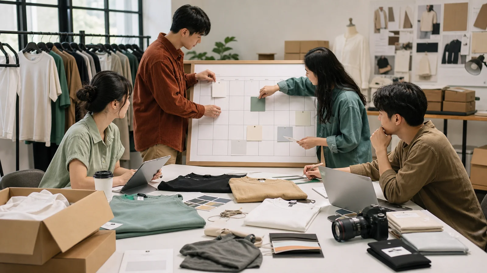 Clothing brand launch plan with calendar, product samples, packaging and ecommerce preparation