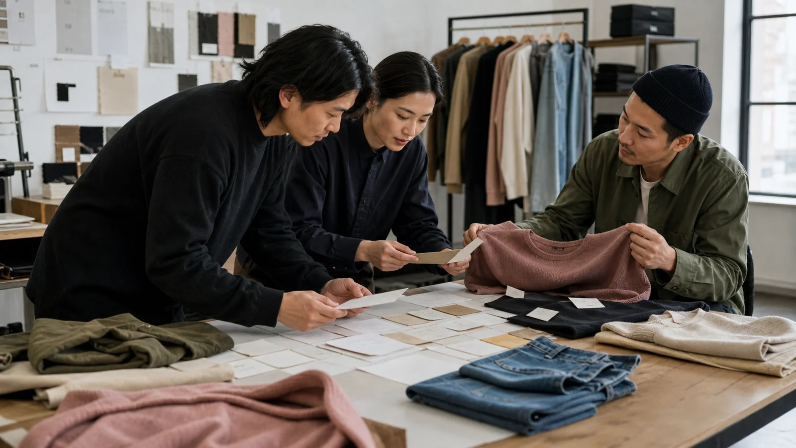 Apparel product team reviewing customer research, competitor notes and clothing line positioning