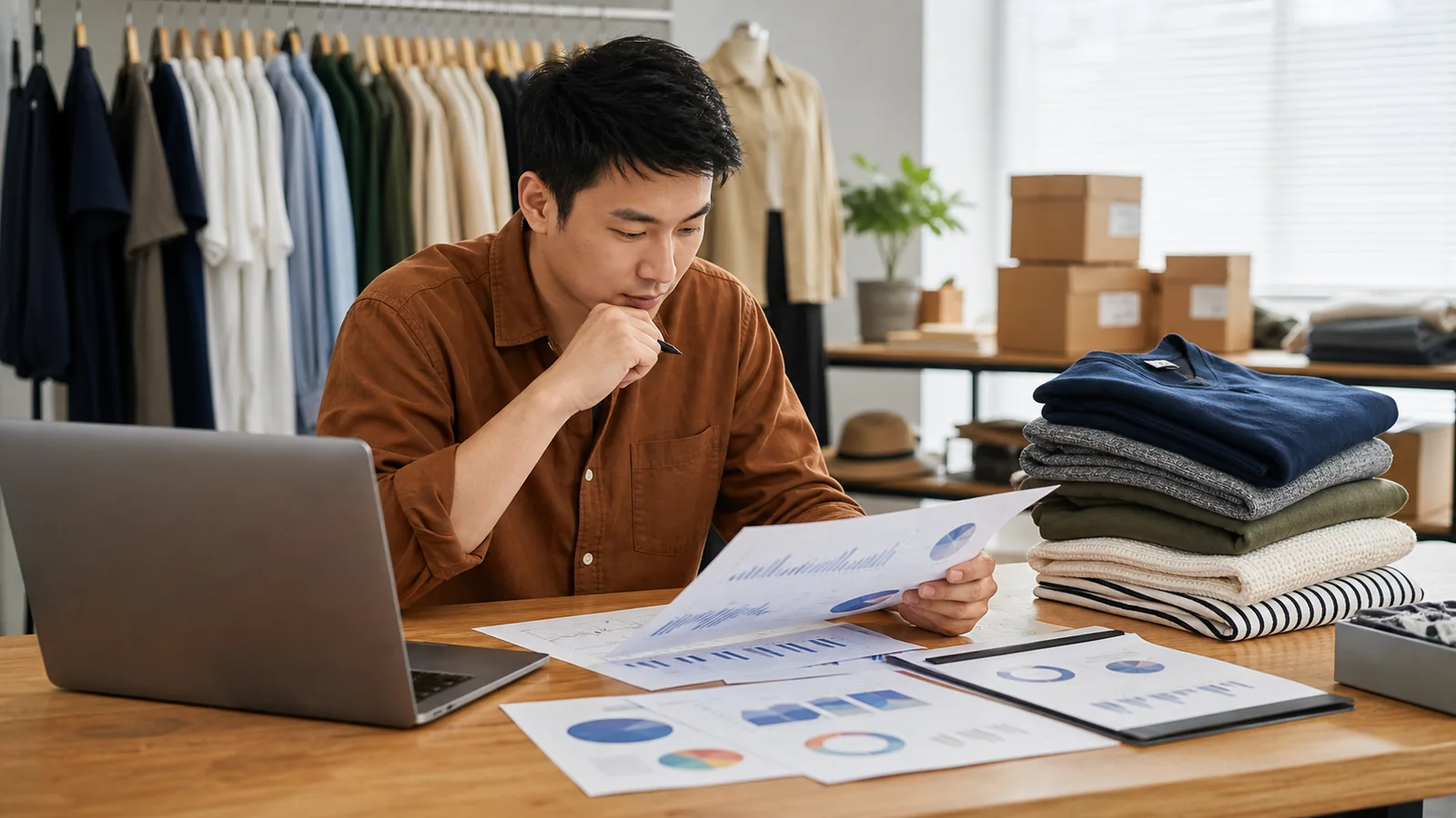 Apparel founder reviewing sales, returns, margin and reorder metrics for a clothing line