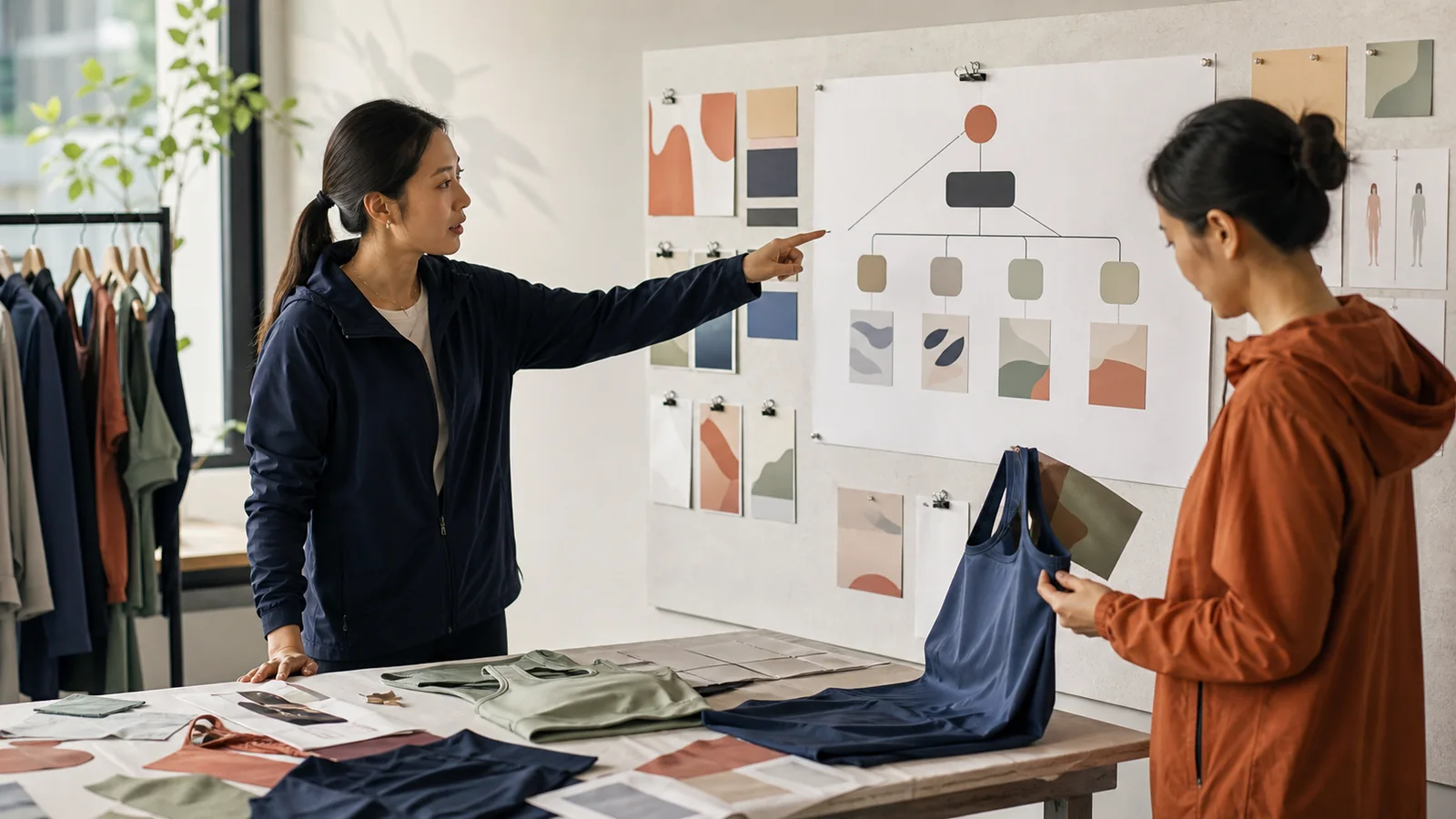 Founder mapping clothing line positioning, customer problem and product promise on a planning board