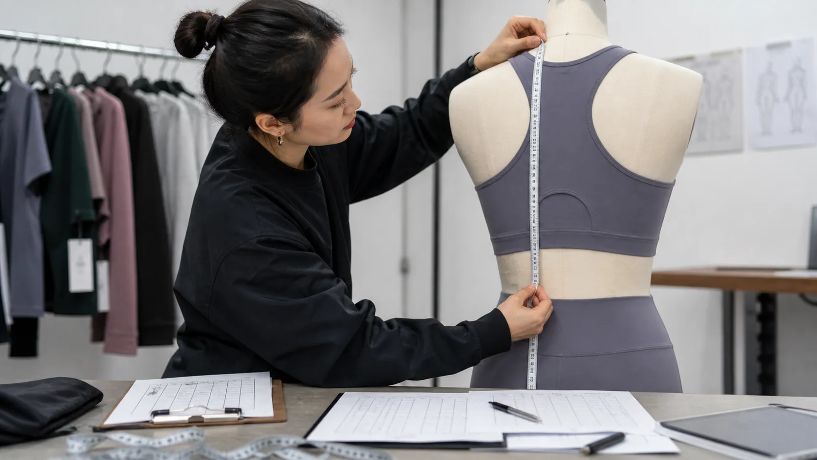 Apparel team reviewing a sample garment against fit, measurement and construction approval notes