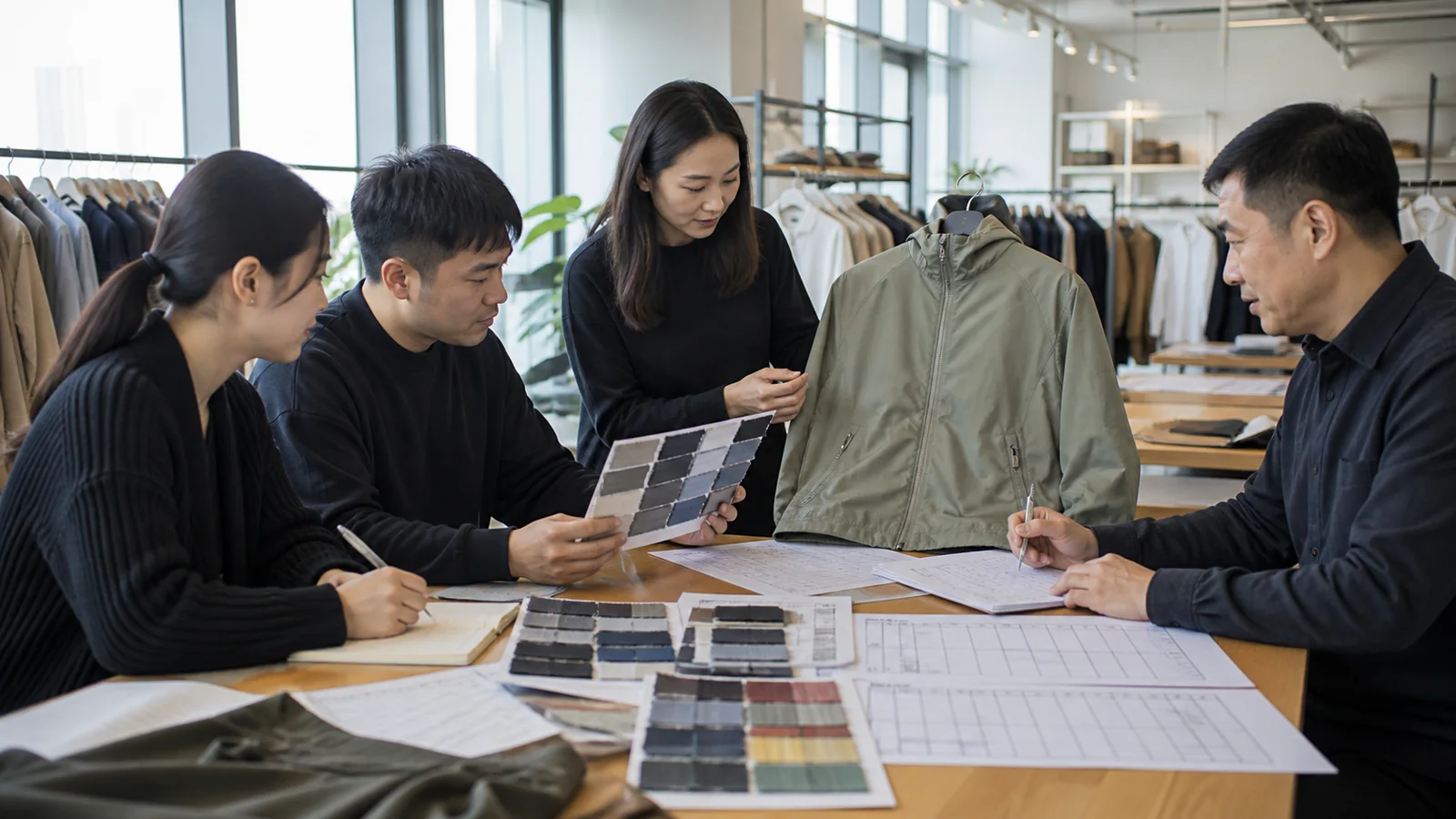 Clothing line sourcing review with supplier quotation, fabric samples, MOQ notes and production questions