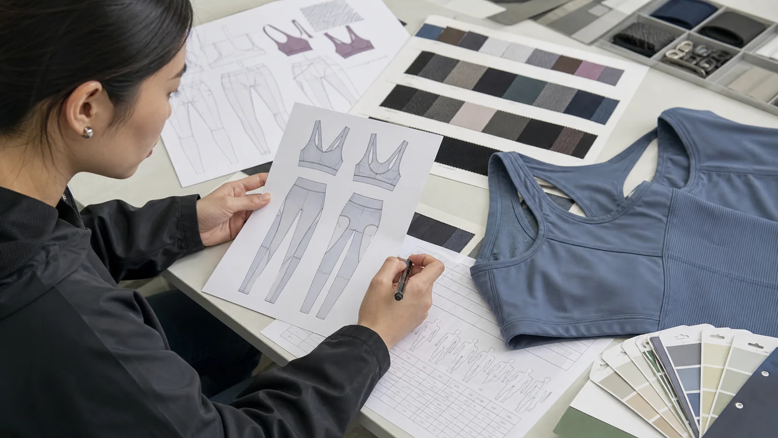 Apparel tech pack review with garment flats, measurement chart, trims and color references