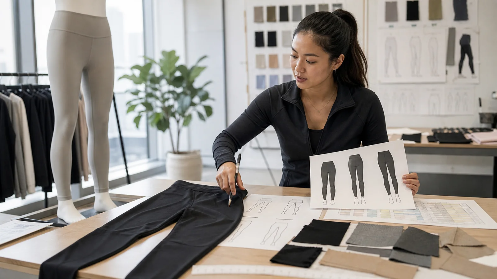 Activewear founder defining legging use case, silhouette, fit block and quantity brief