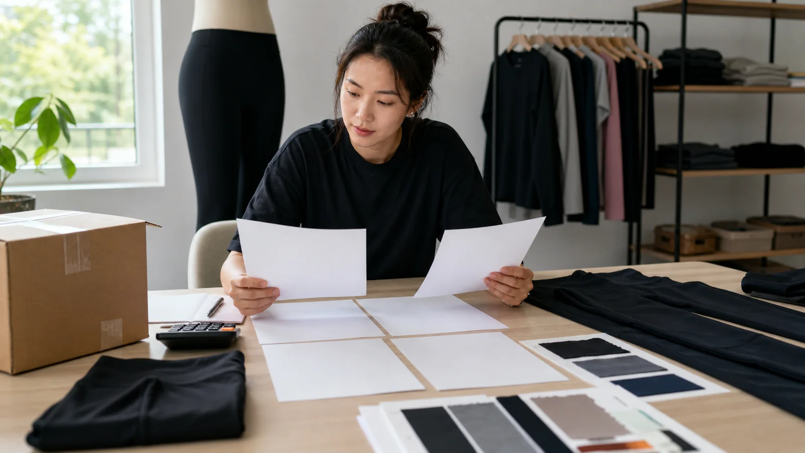 Clothing brand founder comparing legging quotes, MOQ, sampling and landed cost assumptions