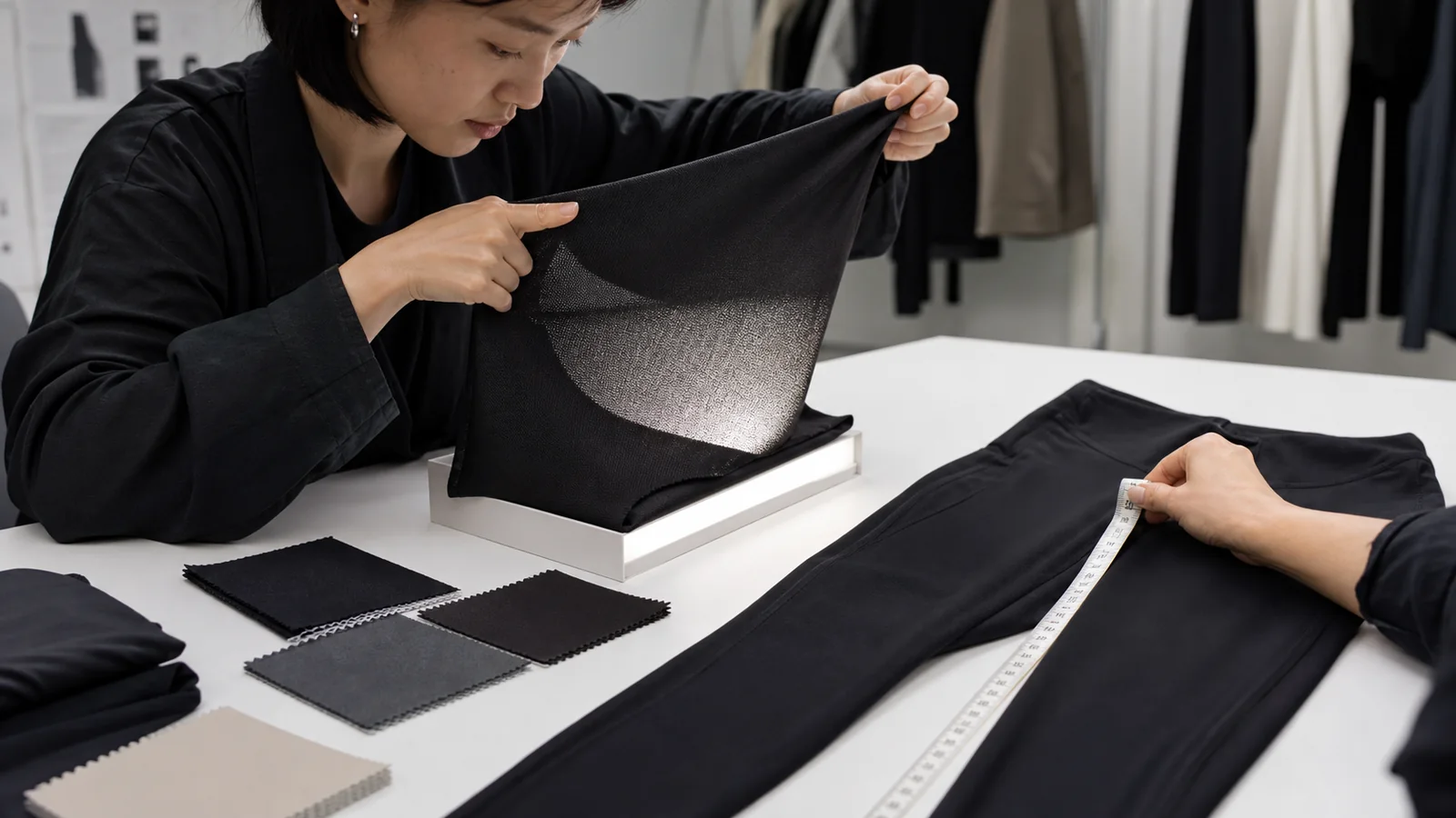 Apparel developer checking legging fabric stretch, recovery, opacity and surface against a sample