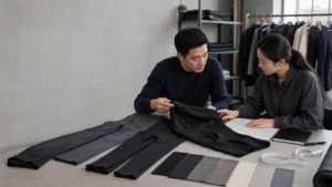 Apparel buyer comparing custom legging samples, fabrics and fit notes with a manufacturer shortlist