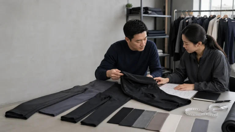Apparel buyer comparing custom legging samples, fabrics and fit notes with a manufacturer shortlist