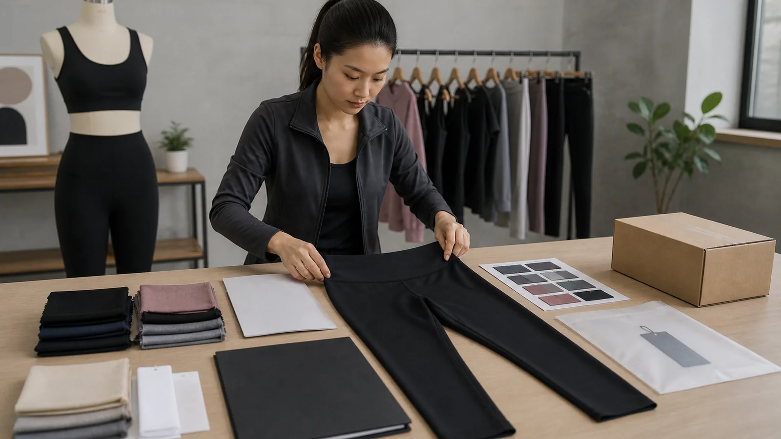 Activewear founder assembling a complete custom legging manufacturer inquiry package with samples and fabric swatches
