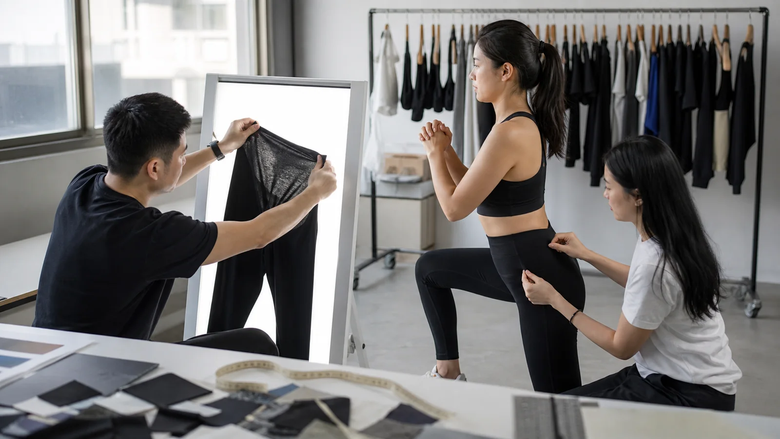 Activewear team checking legging opacity, stretch recovery and seam behavior during sample review