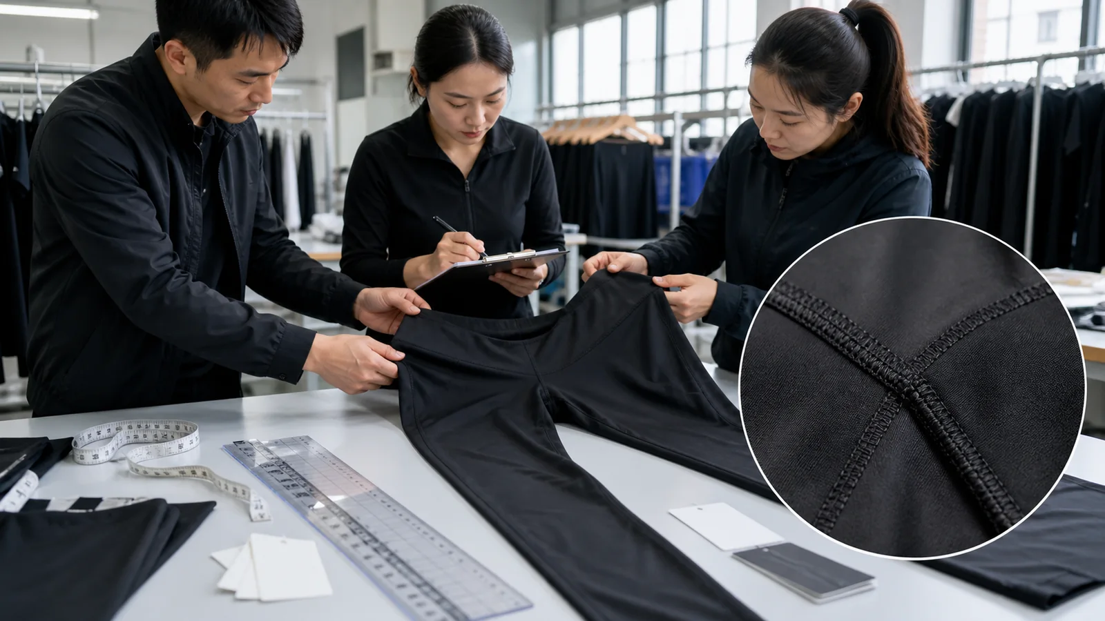 Apparel quality team inspecting legging seams, waistband, fabric and measurements on a worktable