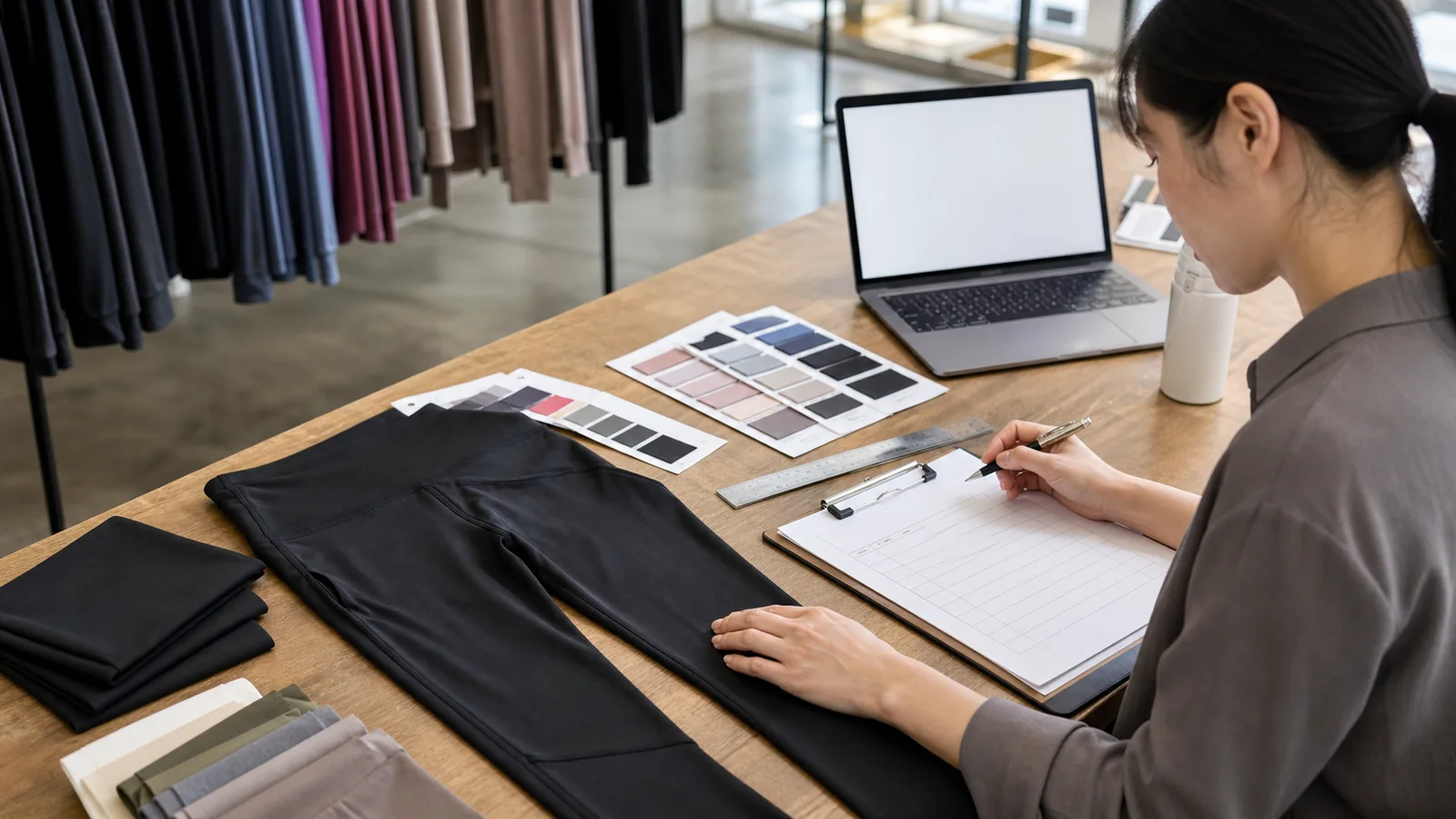 Buyer preparing a custom legging manufacturer RFQ with blank specification fields and samples