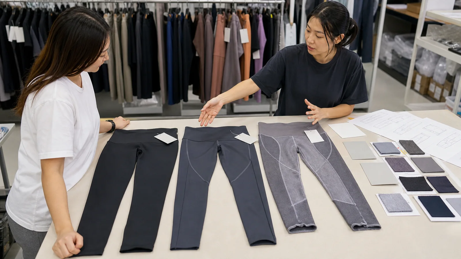 Buyer comparing private label, ODM and custom cut and sew legging production routes