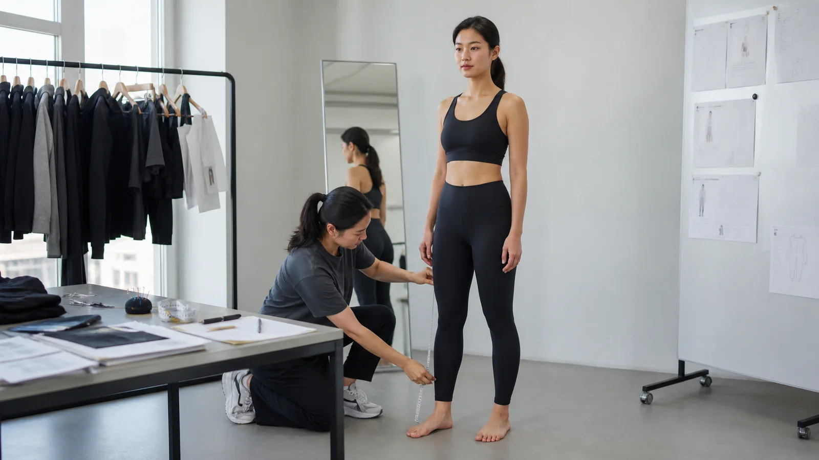 Fit technician checking a pre-production legging sample on a model with measurement notes