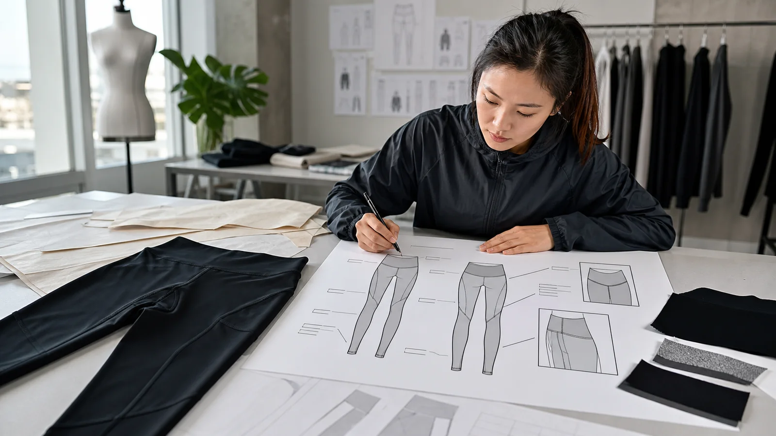 Technical apparel developer reviewing a legging tech pack, flats, measurements and sample