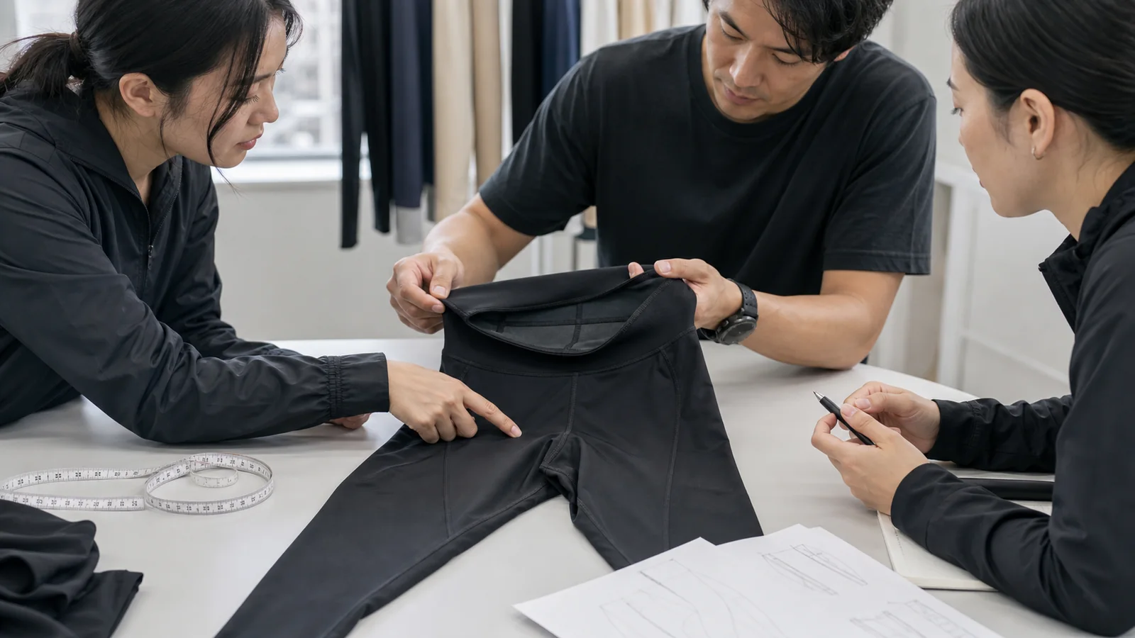 Technical apparel team inspecting legging waistband, rise and gusset construction details