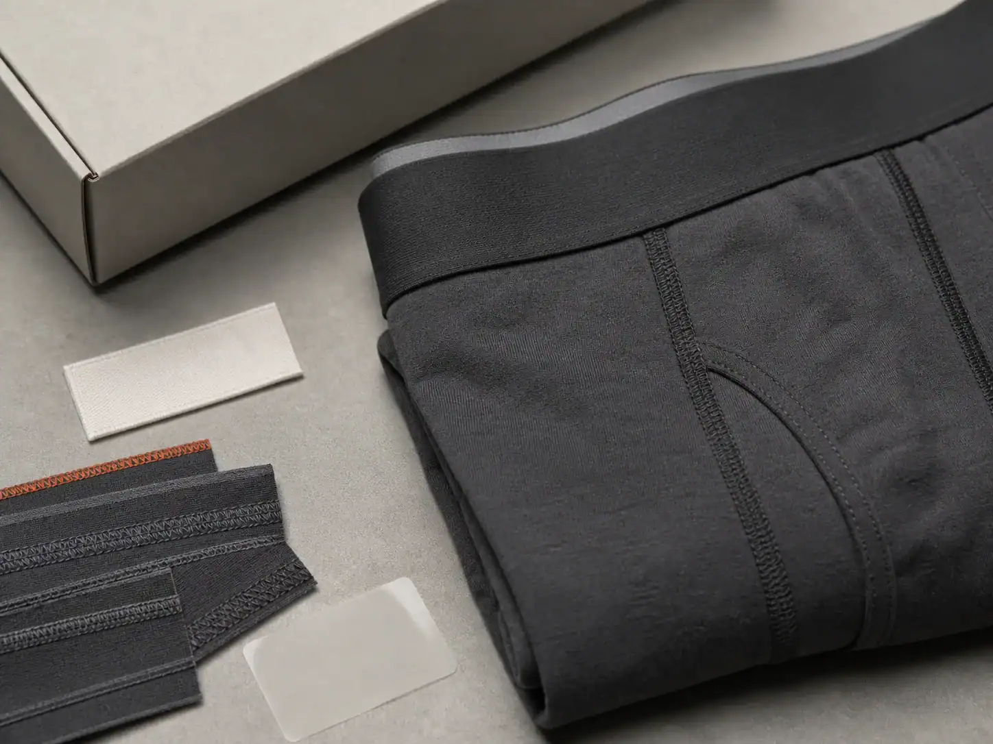 Concept view of a blank logo waistband, label, seams, and packaging for men's underwear branding review