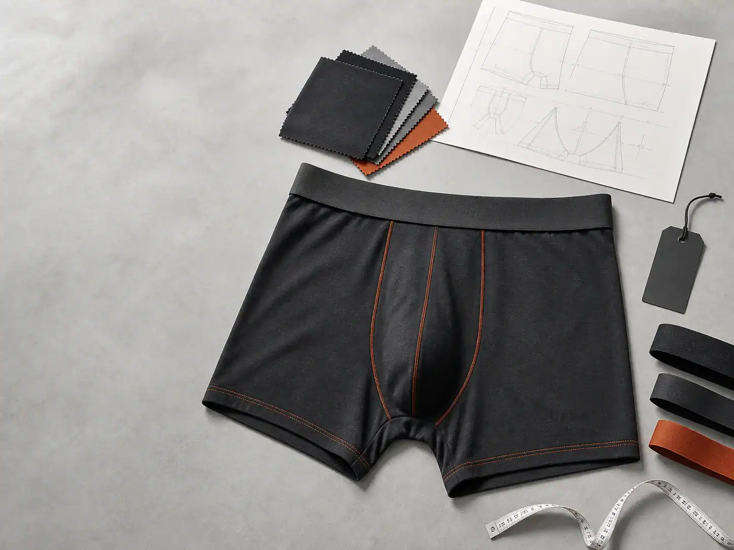 Black men's underwear with orange stitching and fabric samples.