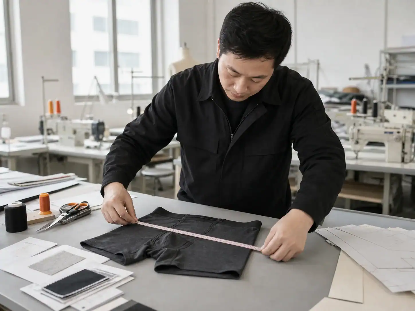 Man measuring fabric for custom clothing at DETOSUN design team.