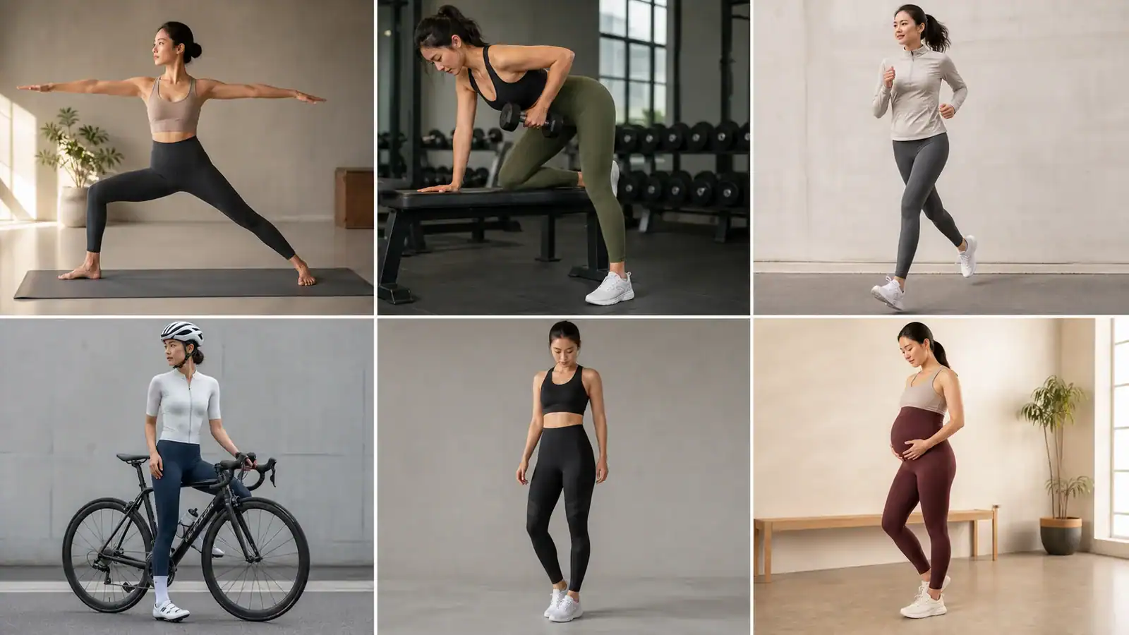 Yoga, training, running, cycling, compression and maternity leggings shown in distinct activity settings