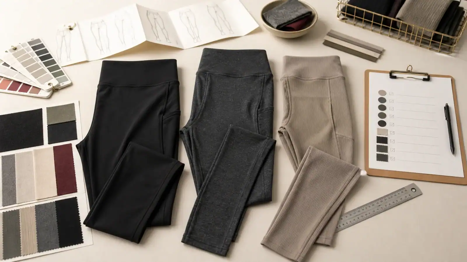 Fabric samples and design tools for custom activewear manufacturing.