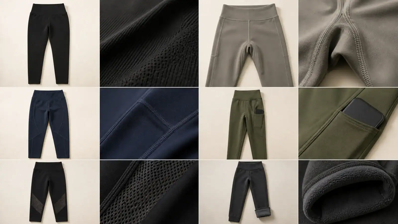 Close-up of various activewear fabrics and design features.