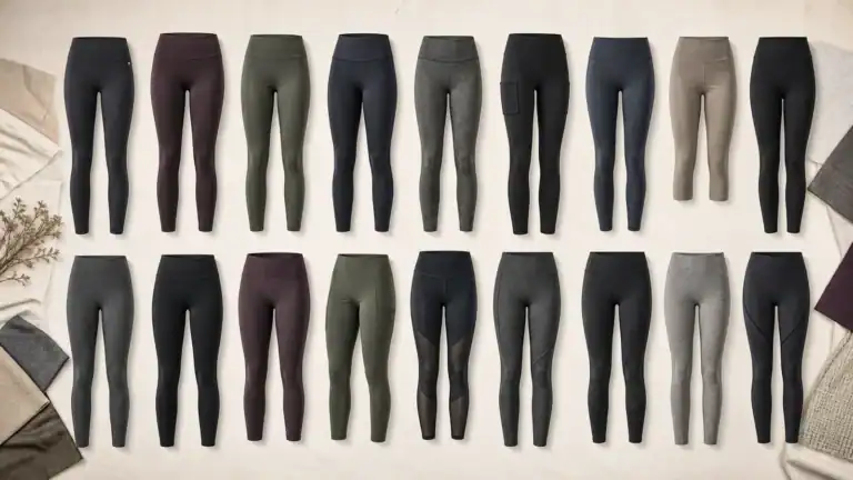 Variety of custom activewear leggings in different colors and styles.