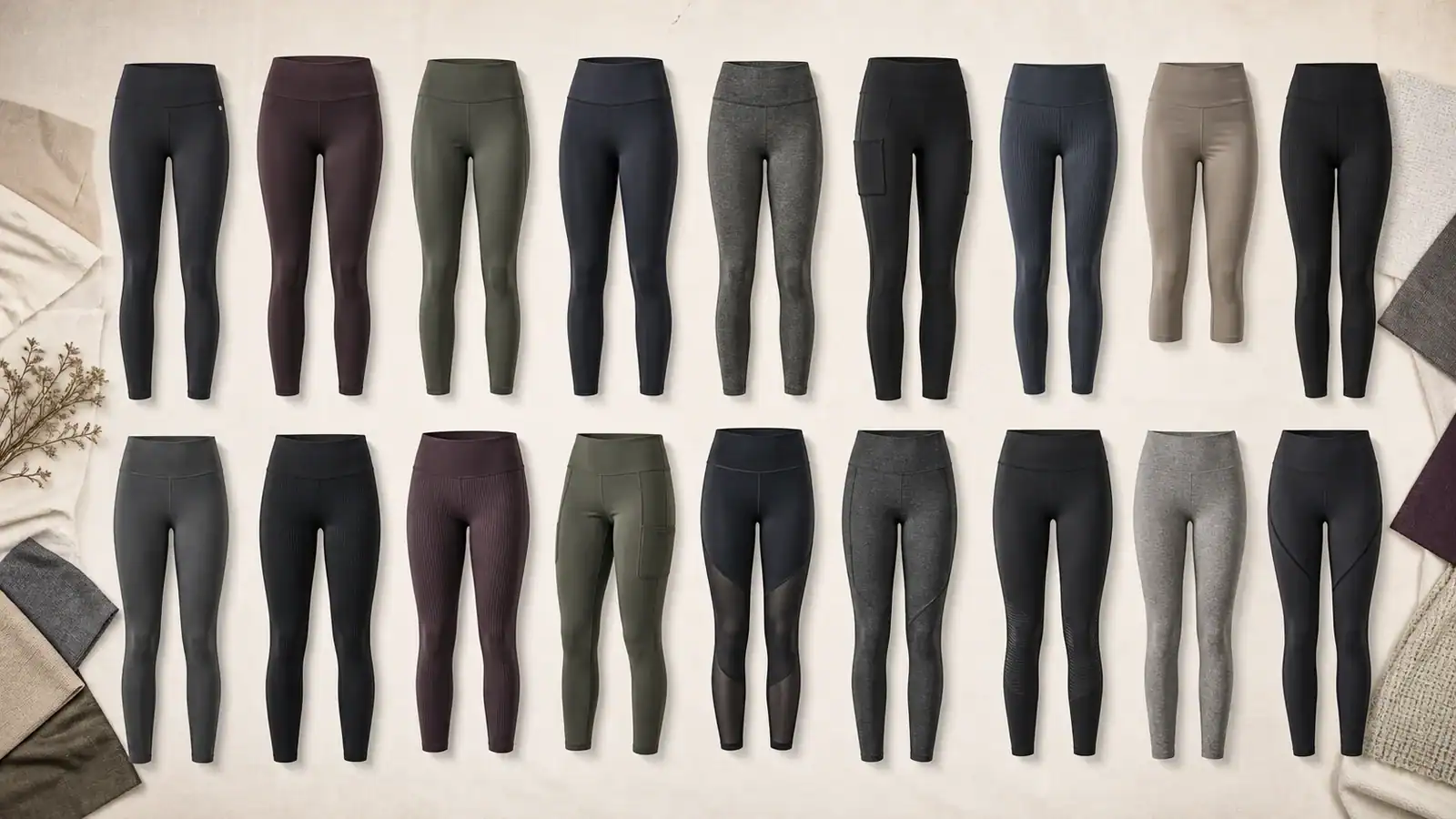 Variety of custom activewear leggings in different colors and styles.