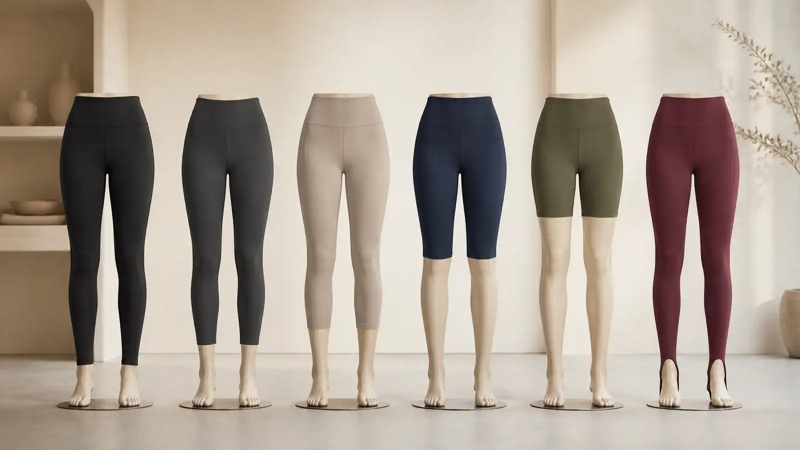 Full length, 7/8, cropped, knee length, bike short and stirrup legging cuts shown as clean silhouettes