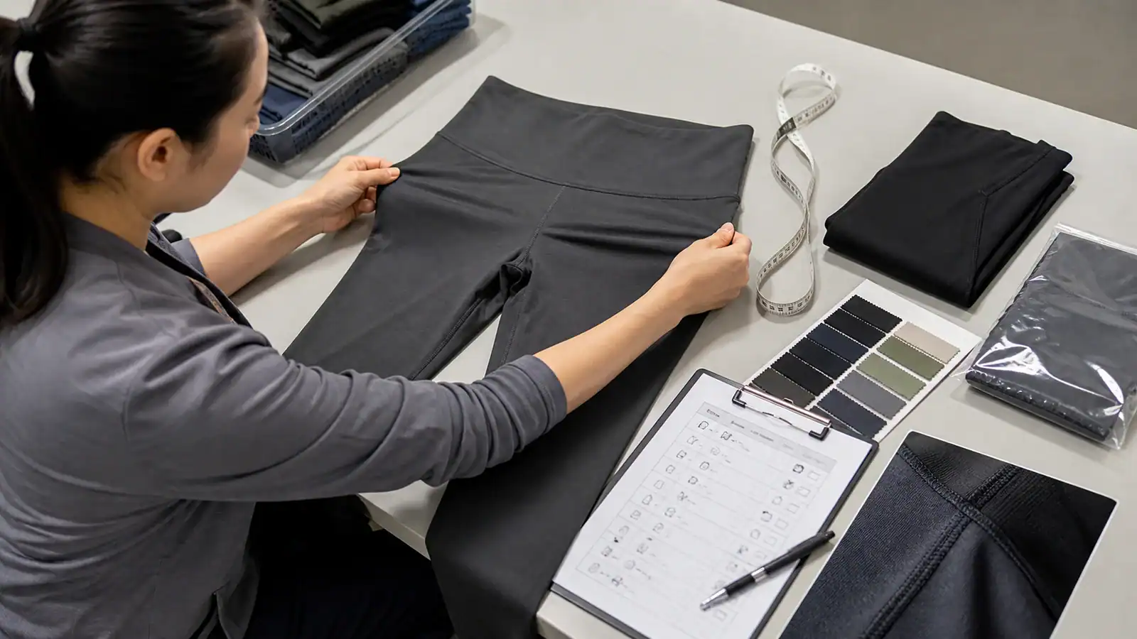 Fashion designer working on custom clothing with fabric samples and measuring tape.