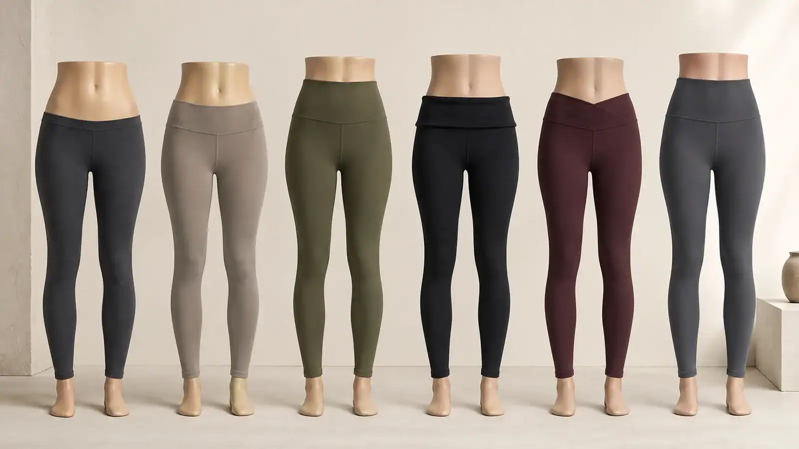Six mannequin legs showcasing different colors of custom leggings for activewear.
