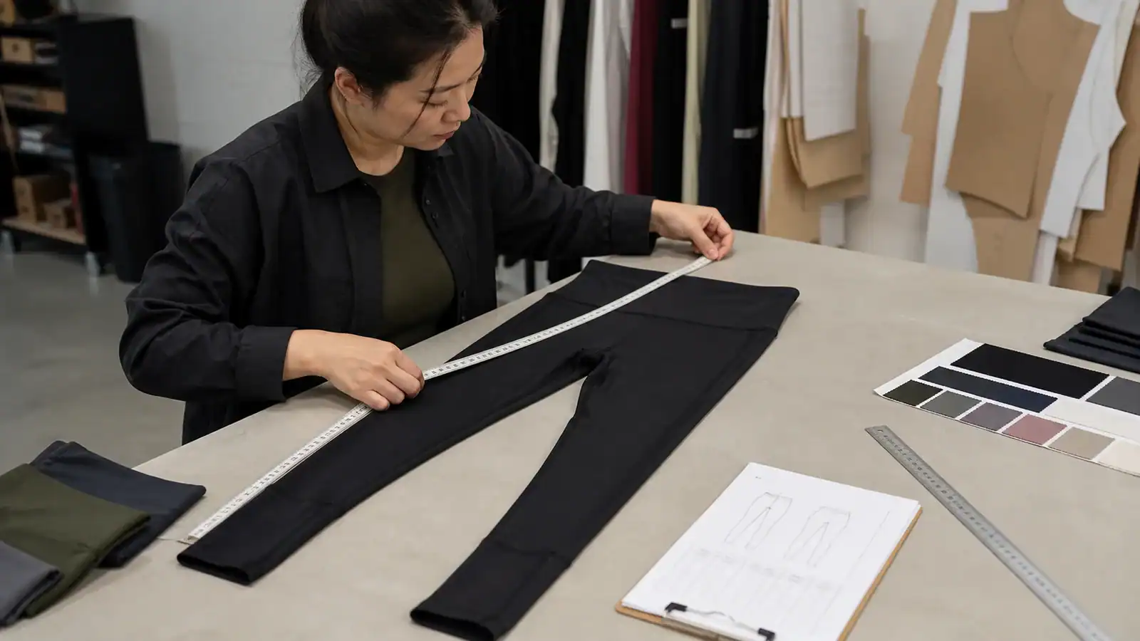 Asian apparel technician measuring a leggings sample at the waistband, gusset, knee and ankle opening