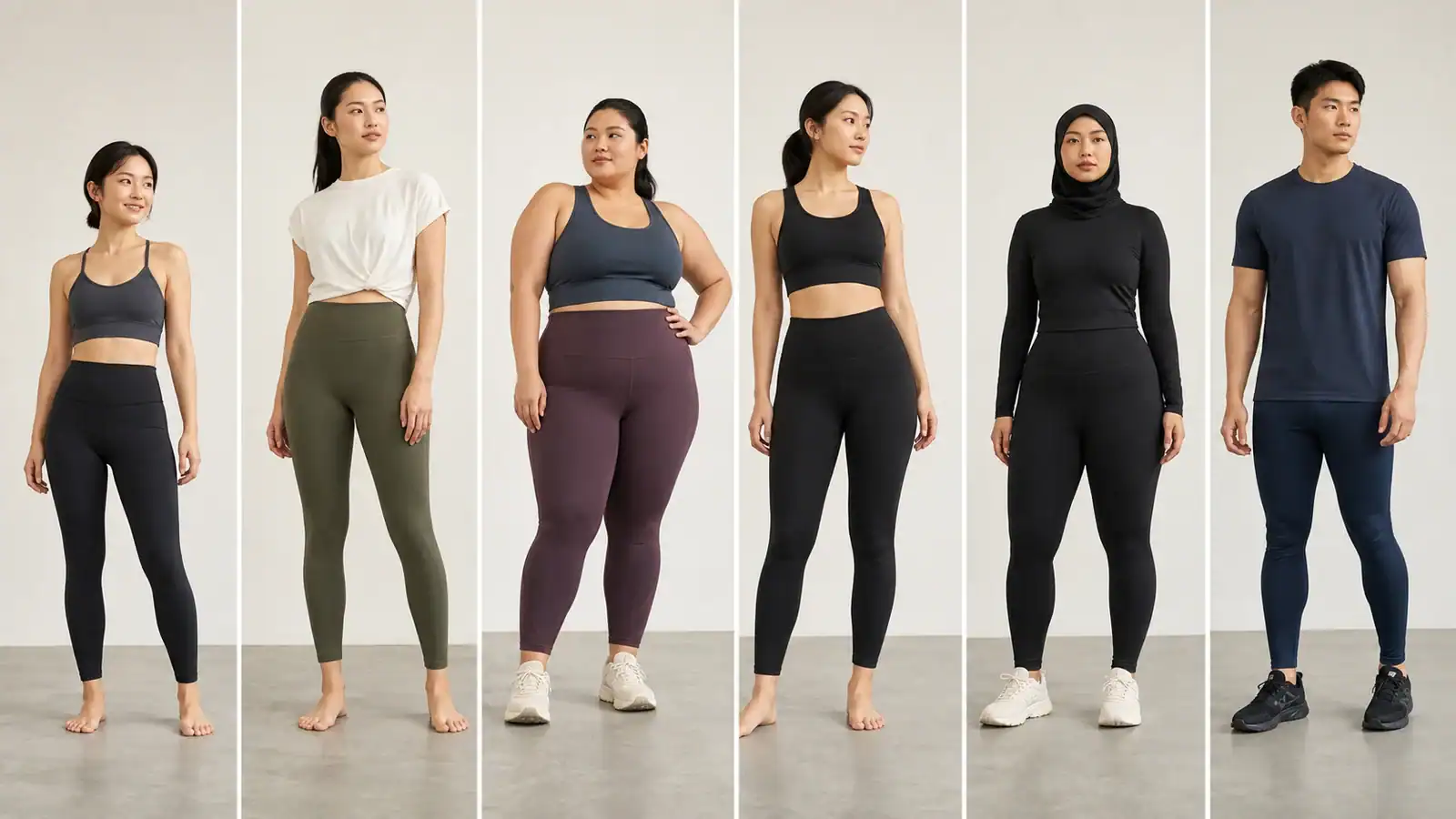 Diverse models showcasing custom activewear by DETOSUN in various styles and sizes.