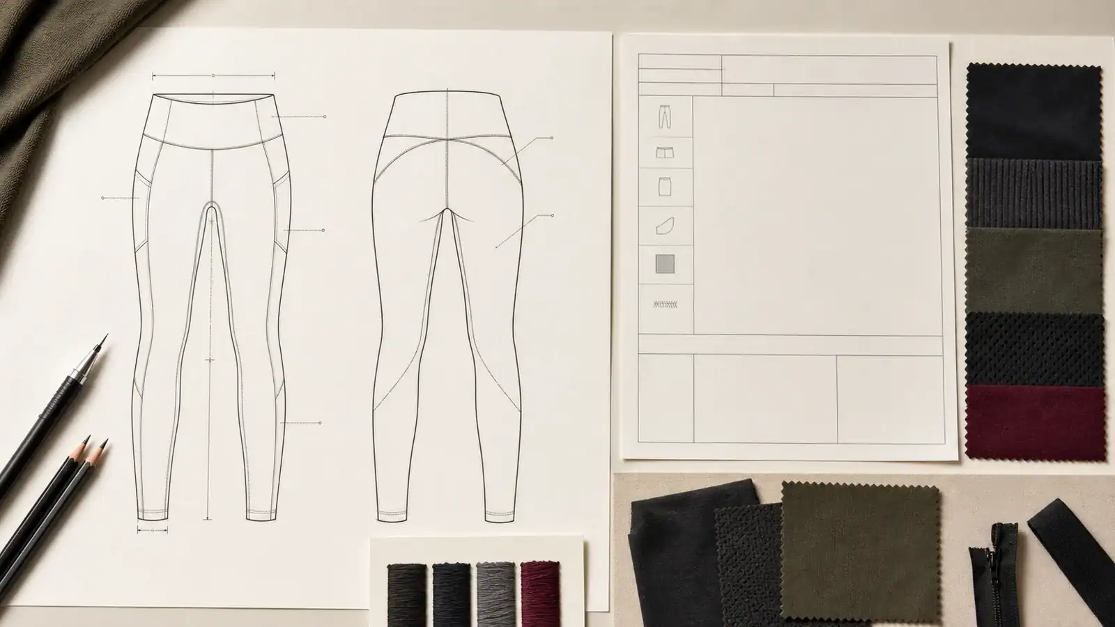 Fashion design sketch with fabric swatches for custom activewear.